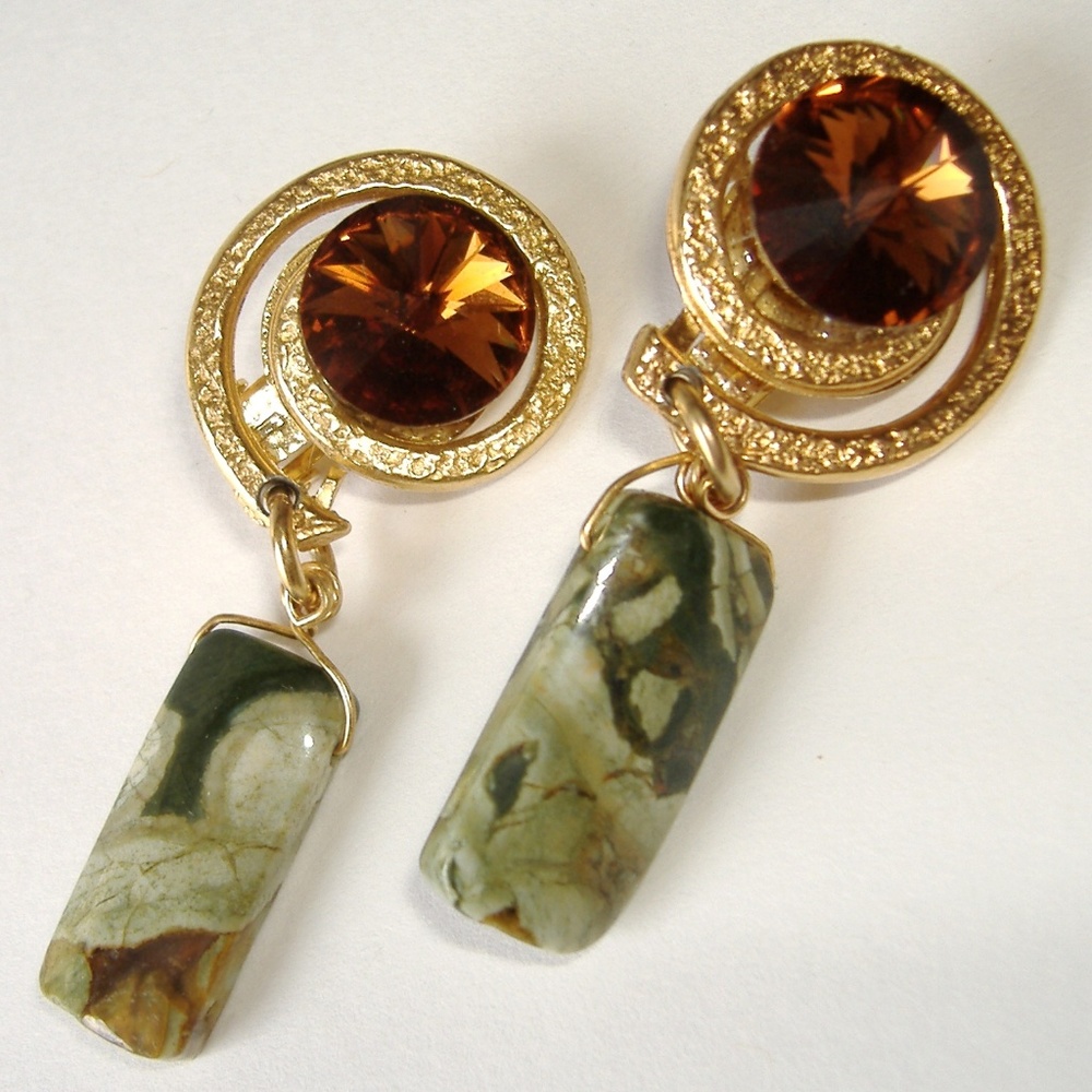 Chunky Amber Green Earrings Swarovski Crystal Gemstones Handcrafted Clip On New